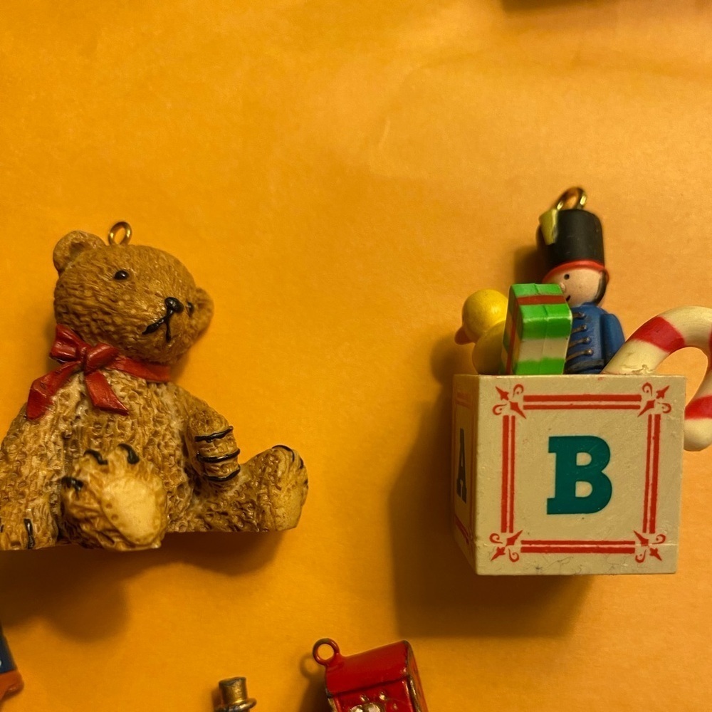 Miniature vintage ornaments teddy bear and box of toys. #12